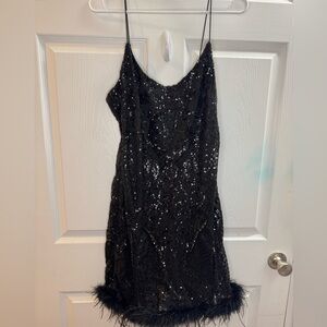 Windsor Black Sequin Feather-Trim Mini Slip Dress